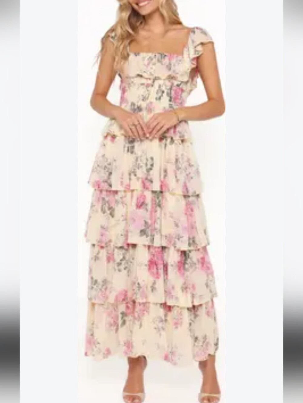 Petal & Pup Cream Floral Tiered Maxi Dress fully lined size XS new with tags
